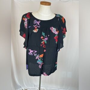 Anthropologie Maeve butterfly sleeve black floral blouse size XS